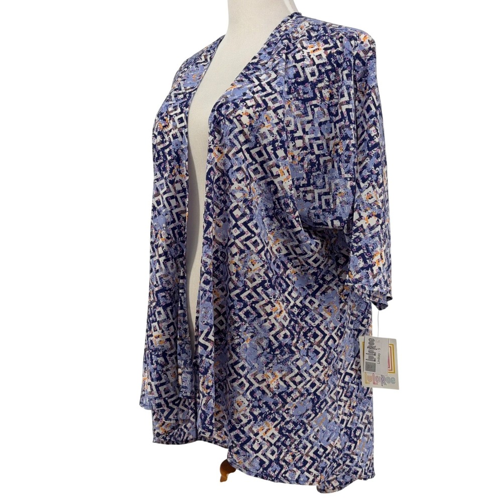 LuLaRoe Lindsay Kimono Cardigan Geometric Diamond Abstract Blue Purple Small - Picture 7 of 7